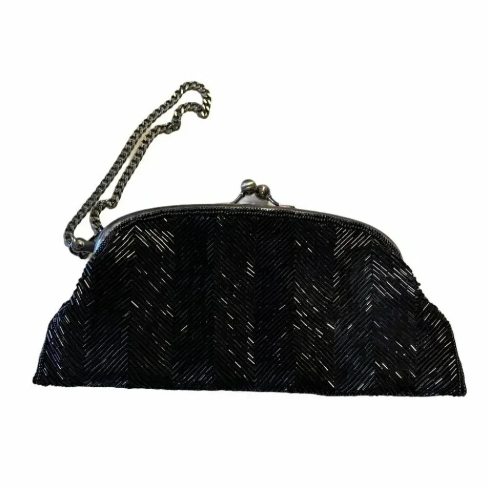The Limited Beaded Clutch OS Black Chevron Kiss Lock Chain Wristlet Evening Bag